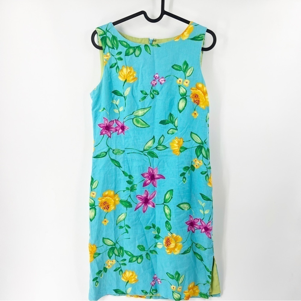 ✅Talbots Size 8 Floral LINEN BLEND Multicolor Sheath Dress Slit Knee Length